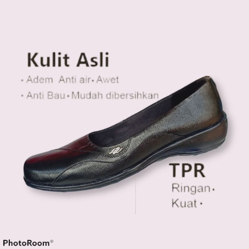 SEPATU KERJA CEWEK PANTOFEL FLAT HITAM TREPES ASLI CANTIK PREMIUM PANTOFEL KULIT