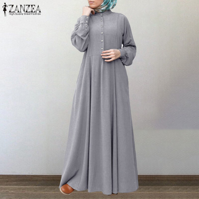 ZANZEA Women Muslim Buttons Long Sleeve High Waist Solid Color Maxi Dress