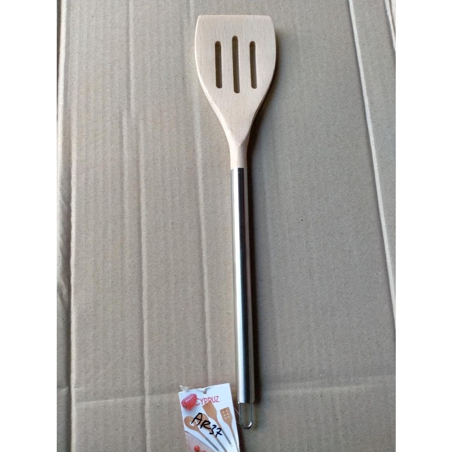 Spatula Cypruz AM-1031 Slotted Turner Sutil Kayu Gagang Stainless 36cm