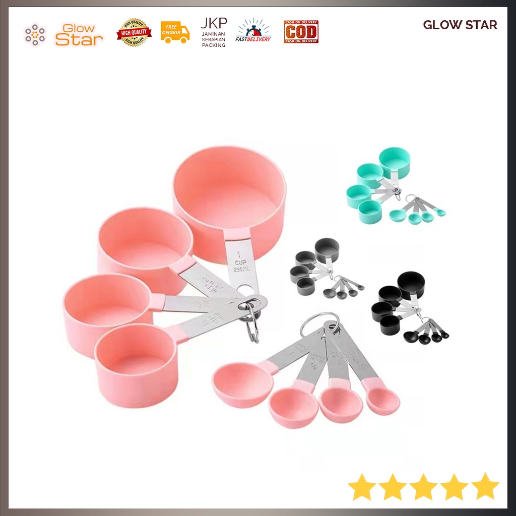 Sendok Takar 8 PCS Plastik + Stainless Warna Cantik Korea Pink Cyan Grey Black Hitam Gabungan Ukur Cup Measuring Spoon Penakar Tepung Bahan dapur