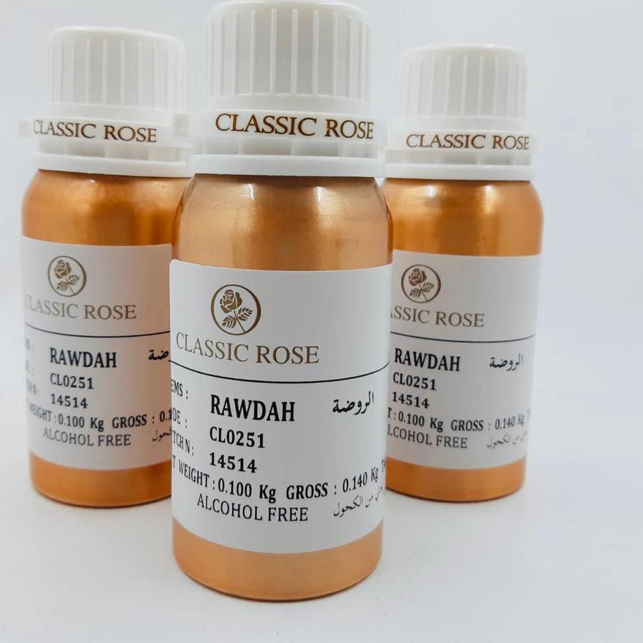 RAWDAH. RAUDAH.BIBIT PARFUM AL RAWDAH KEMASAN 100GR SEGEL. CLASSIC ROSE