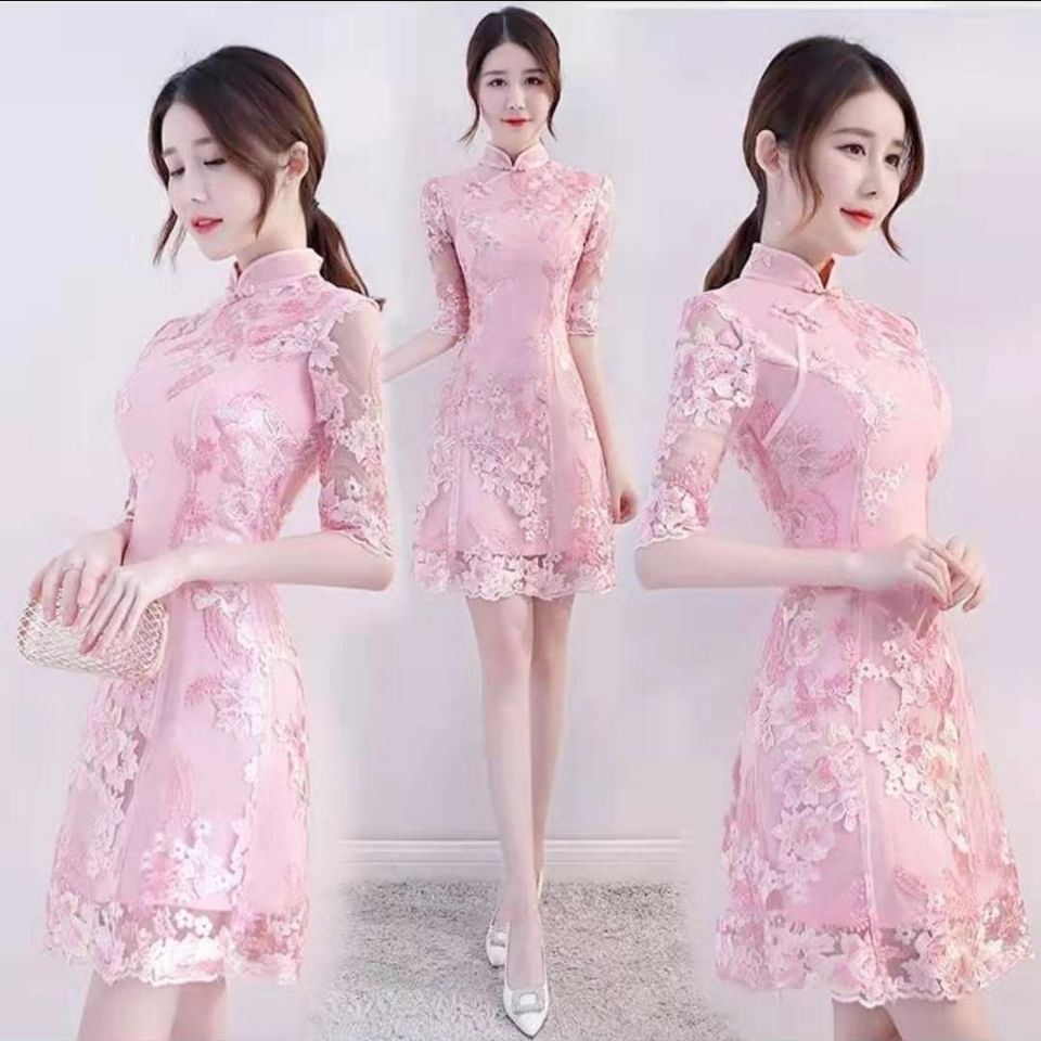 Girl's cheongsam dress 2021 spring new style short style daily fashion improved young style Chinese