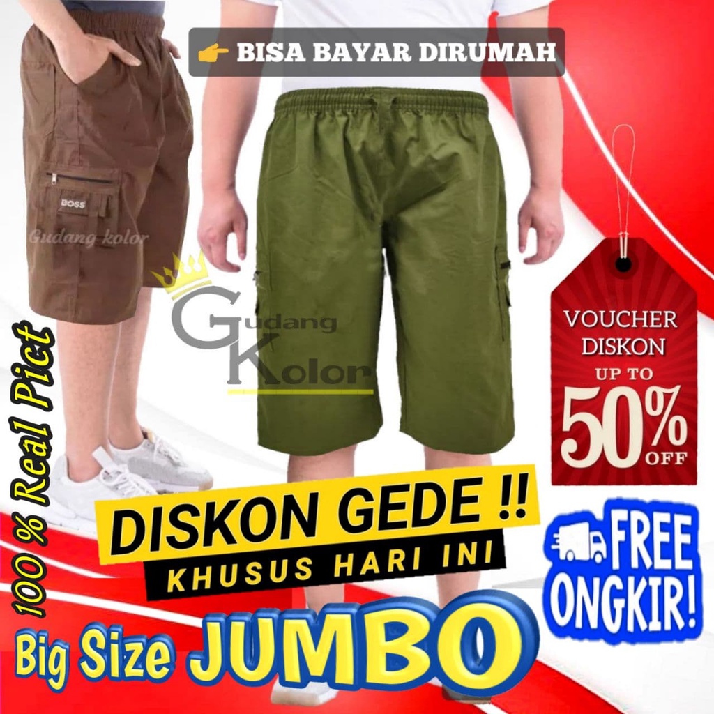 Celana Cargo Pendek Pria Jumbo Santai Cowok Dewasa Bahan Katun Twill Kargo 7 8 Polos Pinggang Kolor 
