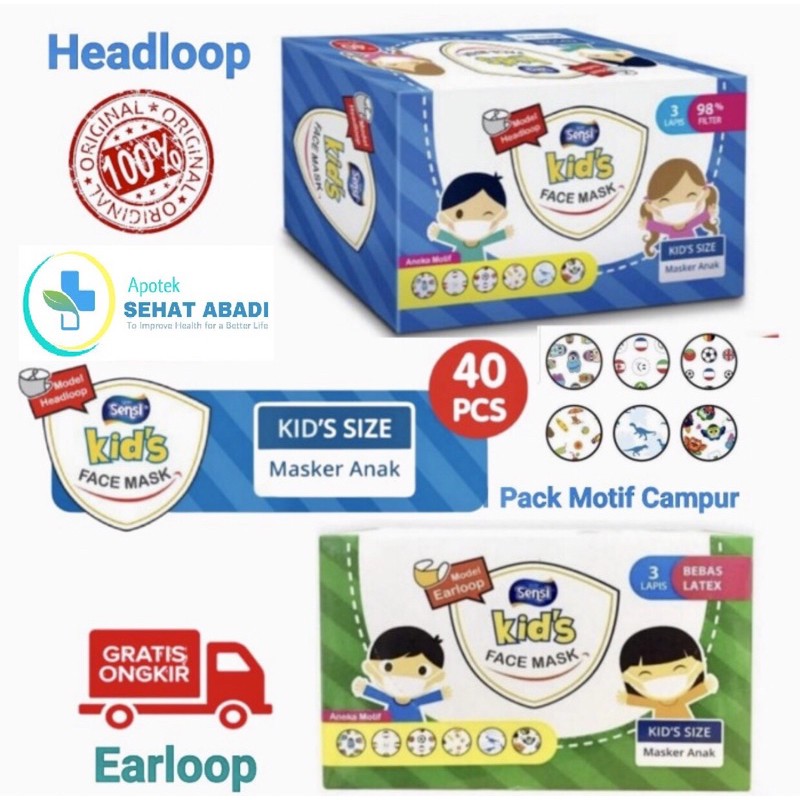 Masker Sensi kids 3 ply earloop &amp; headloop isi 40 pcs ( masker medis anak )