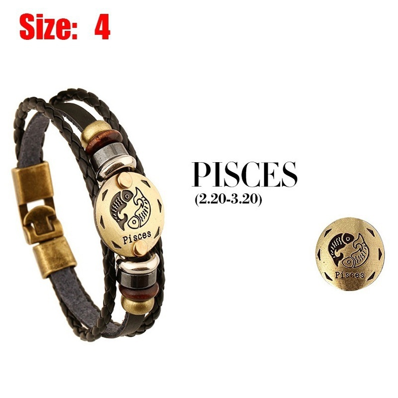 Gelang Kulit Multilayer Desain 12 Rasi Bintang Warna Hitam Gaya Punk Untuk Pria Dan Wanita