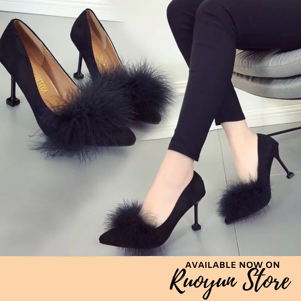 RYS - Fluffy Fur Sepatu Heels Wanita Fashion Casual - Ori Import