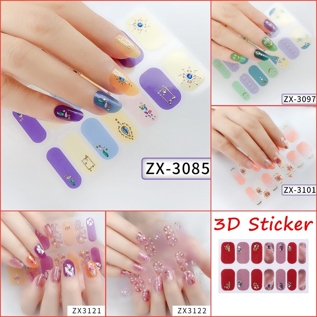 ZX 14Pcs/Set Stiker Kuku 3d Desain Bermotif High End Berlian Mutiara Permata Warna-Warni Untuk Tempel Tahan Air Tahan Lama Menicure Stickers Korea Self Adhesive Fashion Sticker kuku Full Aksesoris Dapat Kupas Mudah Digunakan Dan Dilepas Anti Air Nail Art