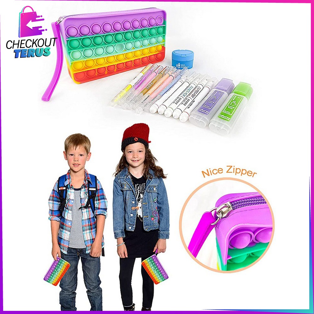 CT A17 Tempat Pensil Pop It 2IN1 Pelangi Kotak Pensil Pena Alat Tulis Sekolah dengan Mainan Pop It Rainbow Fidget Toys Push Pop It Rainbow Pencil Case