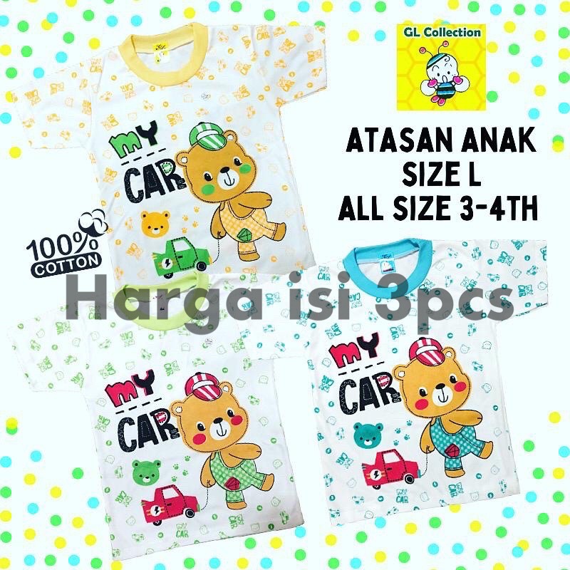 OBRAL! ISI 3PCS! ATASAN KAOS LENGAN PENDEK/KUTUNG ANAK SIZE L(3-4TAHUN) BORDIR/SABLON 100%KATUN