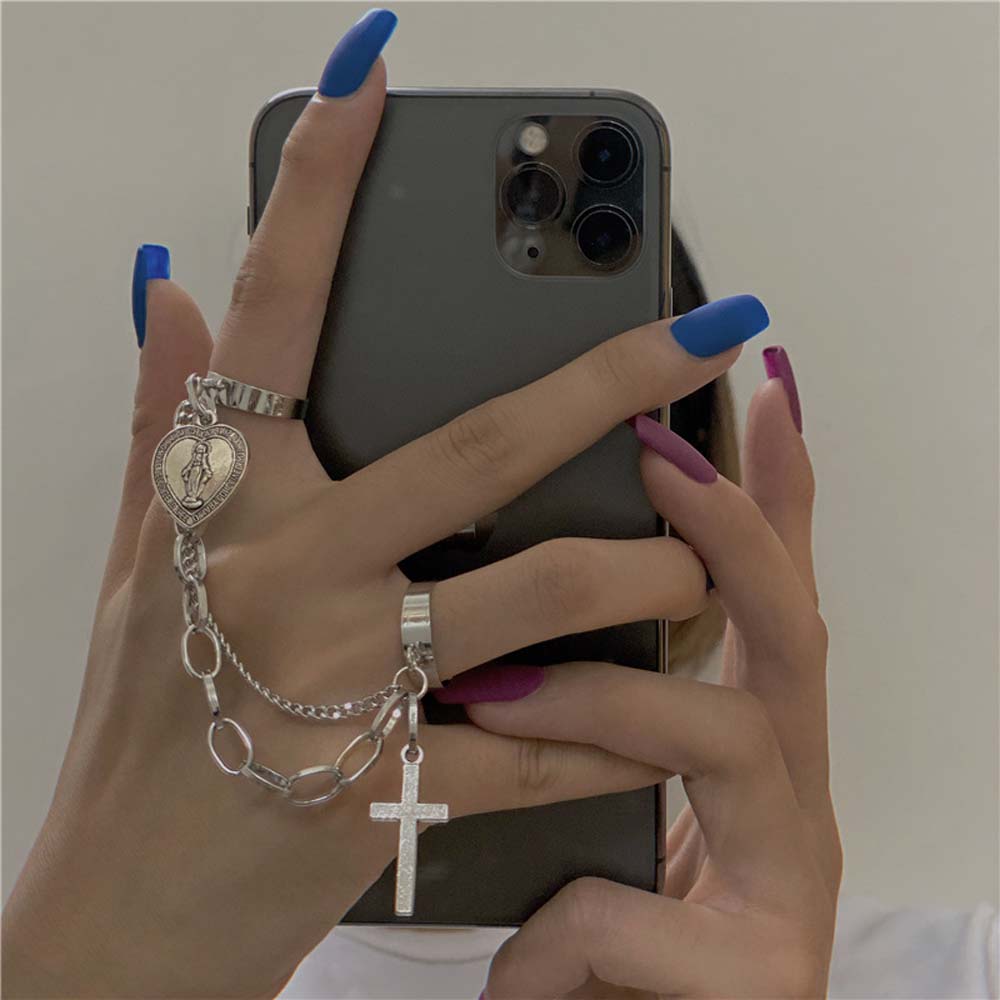 MXBEAUTY Punk Open Rings Harajuku Fashion Jewelry Cross Rings Heart Adjustable Chain Multi-layer Men Alloy Goth Jesus Pendant Rings/Multicolor