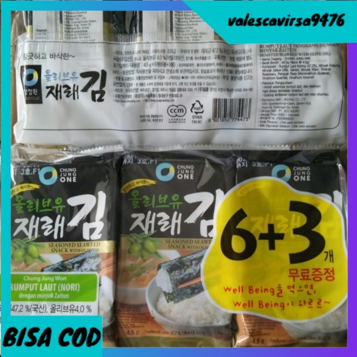 

⭐BISA COD⭐ 6+3 Rumput Laut | Nori / Seaweed | Olive Oil Korea | Chung Jung One