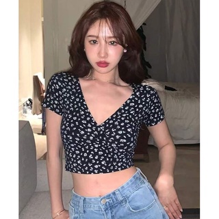 DF BJ091 Baju Wanita Motif Bunga Crop Top Atasan Korean Sexy Lengan Pendek