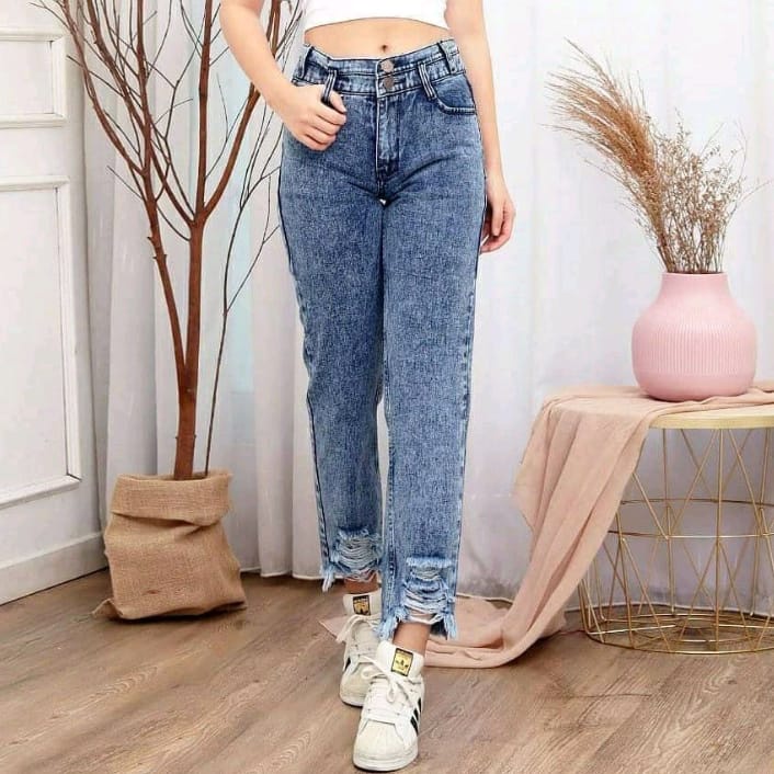 CELANA BOYFRIEND JEANS SOBEK BAWAH SNOW BLUE JEANS TEBAL IMPORT BOYFRIEND HIGH WAIST JINS MURAH