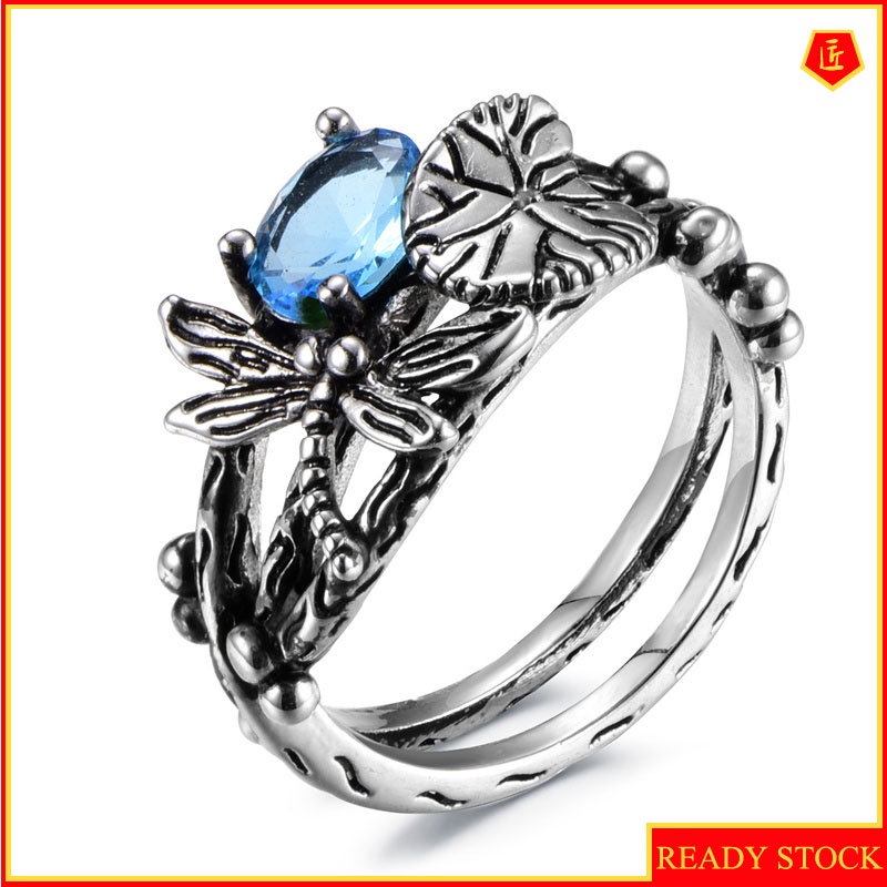 [Ready Stock]Creative Dragonfly Lotus Ring Women's Retro Silver Inlaid Topaz