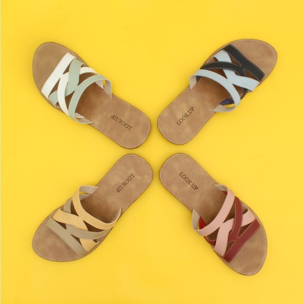 Sandal Kulit Wanita Sandal Kekinian Sandal Slop Slide Wanita Flat Motif Kombinasi Look Up - ZEHRA