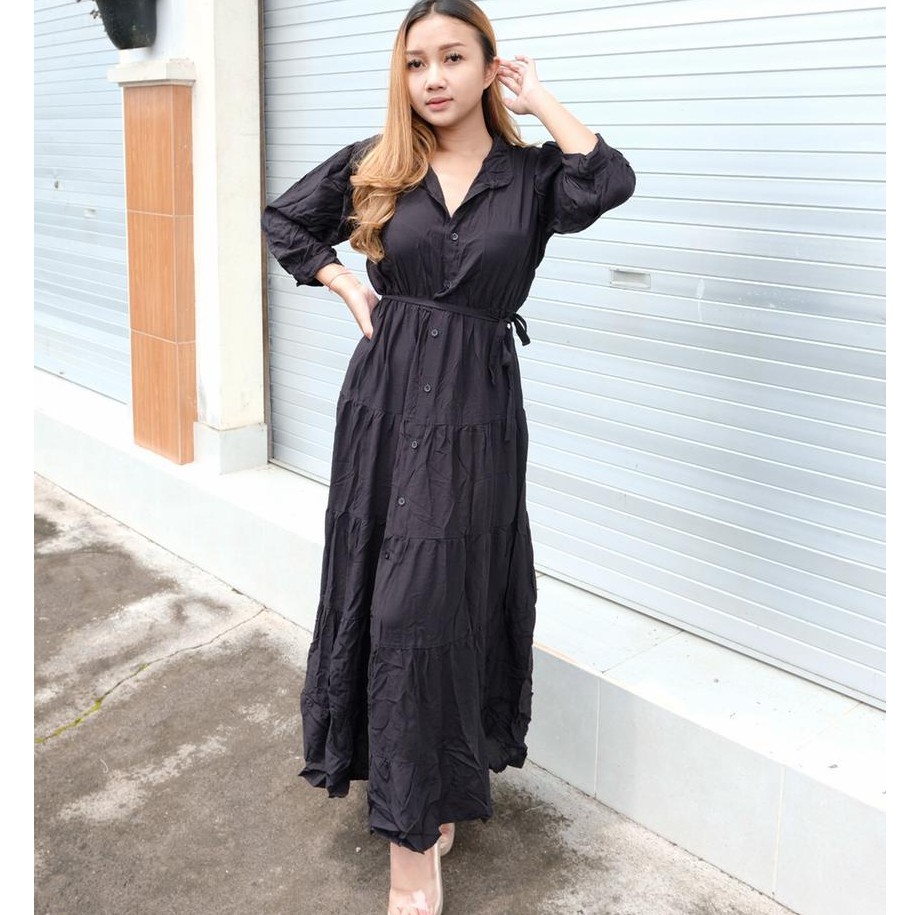 GAMIS BALI RAYON POLOS RAMPEL-Hitam po
