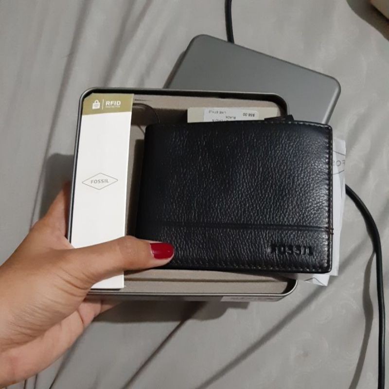Dompet Fossil Wallet Brooks Bifold with Flip ID Black Genuine Leather RFID