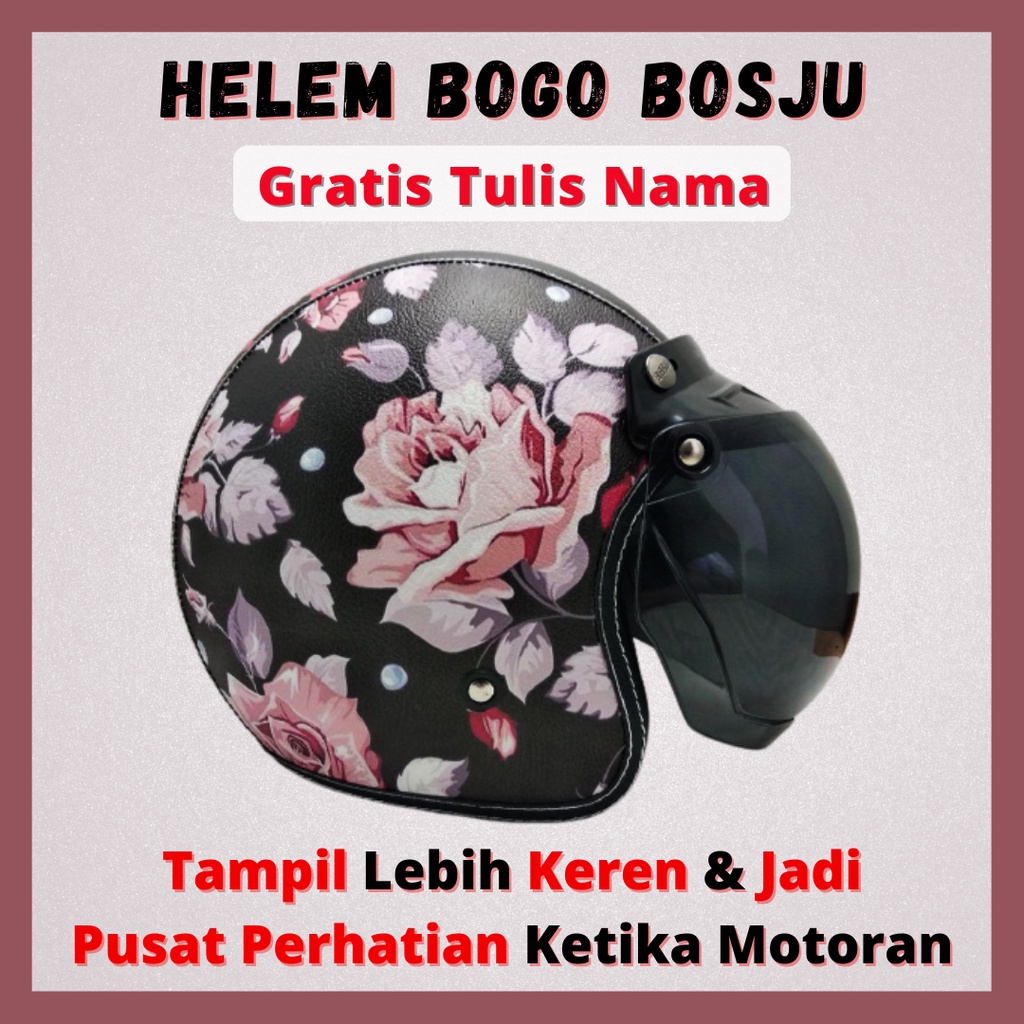 HELM BOGO RETRO KULIT WANITA DEWASA KACA DATAR CLASSIC MOTIF BUNGA MAWAR HITAM SNI - HELEM BOGO BOSJ