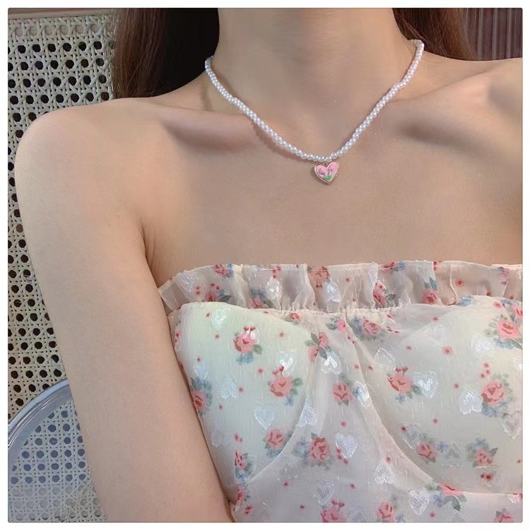 Kalung Choker Manik-Manik Mutiara Bentuk Bunga Tulip Warna Pink Untuk Wanita