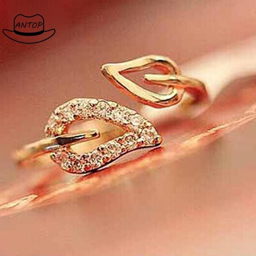 Antop！Cincin Daun dengan Berlian Imitasi Adjustable