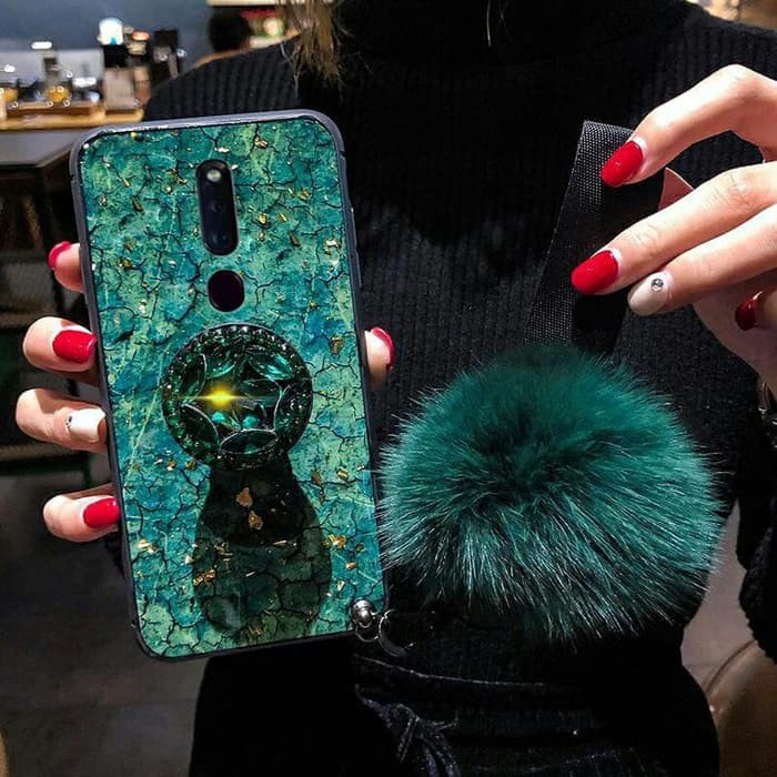 OPPO F11 PRO CASING EPOXY RESIN UNGU HIJAU DENGAN POMPOM SOFT CASE -