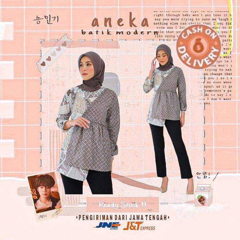 ATASAN BATIK WANITA BLOUSE LENGAN PANJANG KONDANGAN KERJA KANTOR WARNA MOCCA SILVER ABU COKLAT