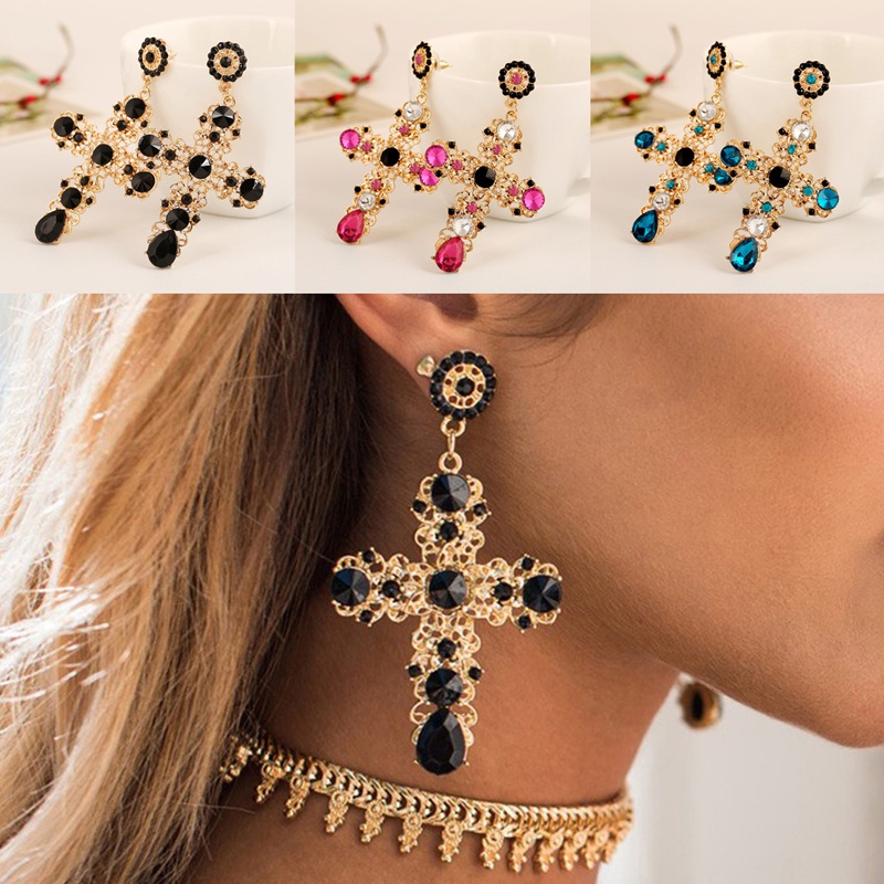 SIY  Elegant Cross Boho Women Lady Rhinestone Dangle Drop Rhinestone Ear Stud Earring