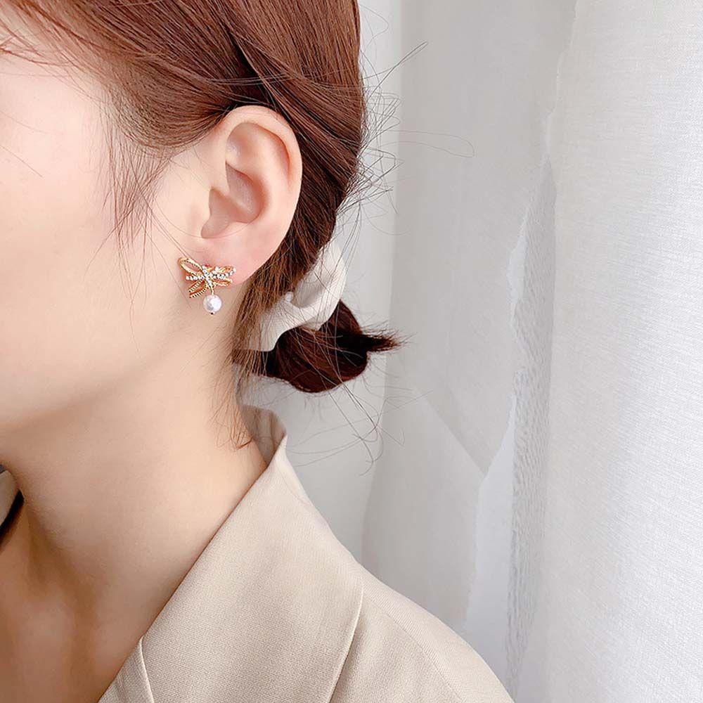 Mxbeauty Anting Busur Fashion Pesta Pernikahan Mutiara Ikatan Simpul Gaya Korea Berlian Imitasi Stud Earrings