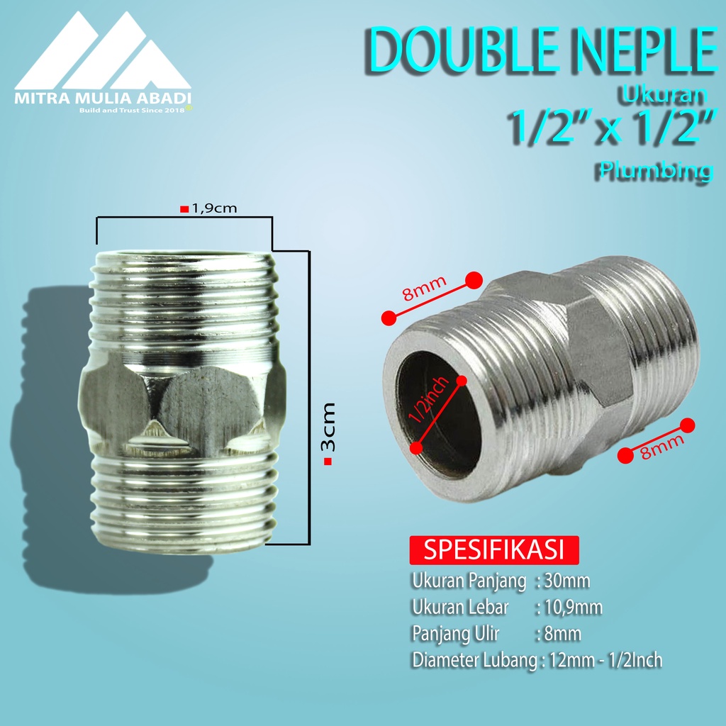 Double Nepel 1/2 Inch Drat Luar Stainless Steel 304 drat Luar