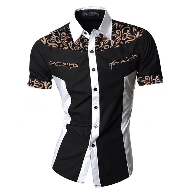 Kemeja Vano Lengan Pendek Slimfit Kombinasi Batik Hem Pria Casual Keren Fashion Cowok Formal