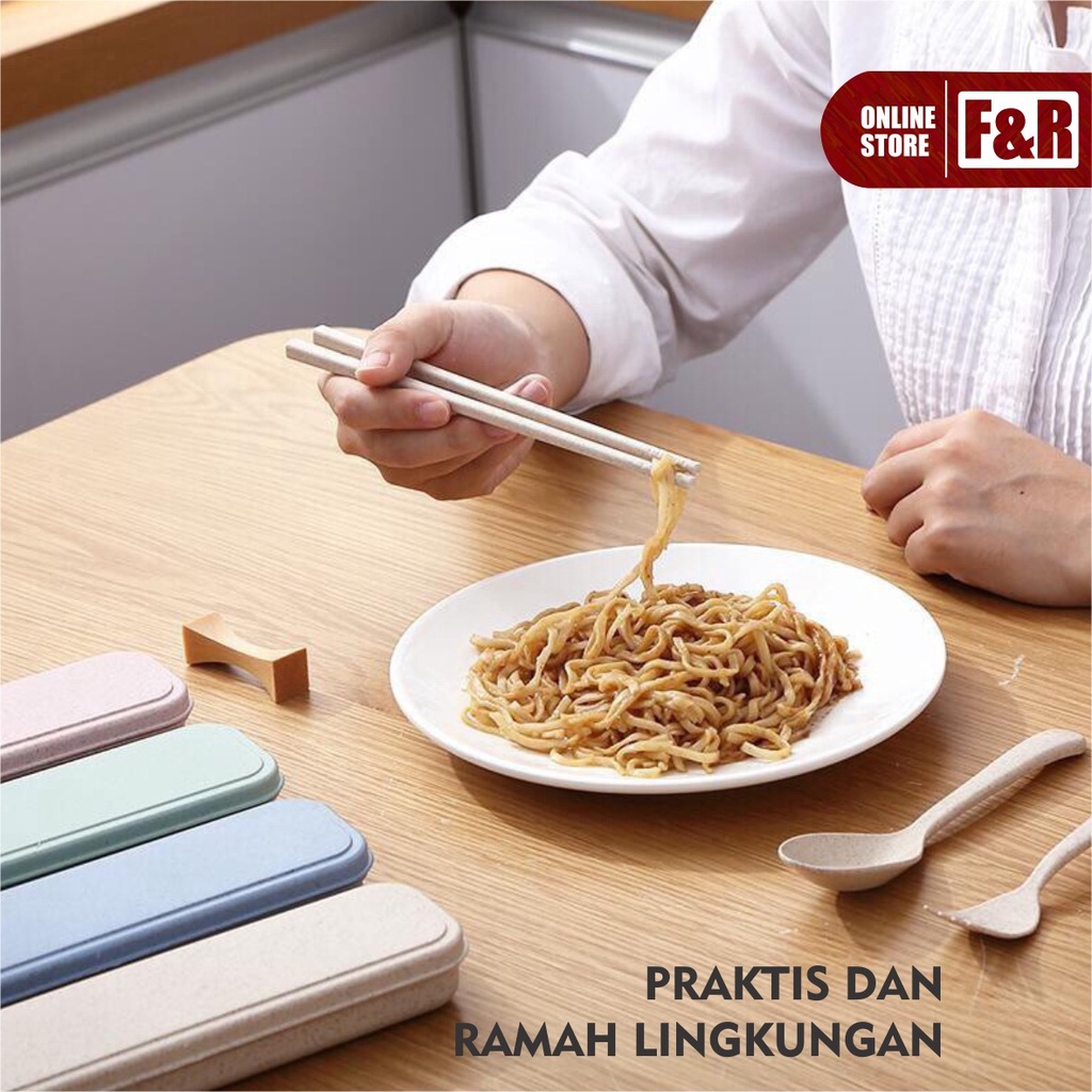 1 Set Alat Makan Sendok Garpu Sumpit + Box Plastik Jerami Wheat Straw Portable Travel Cutlery