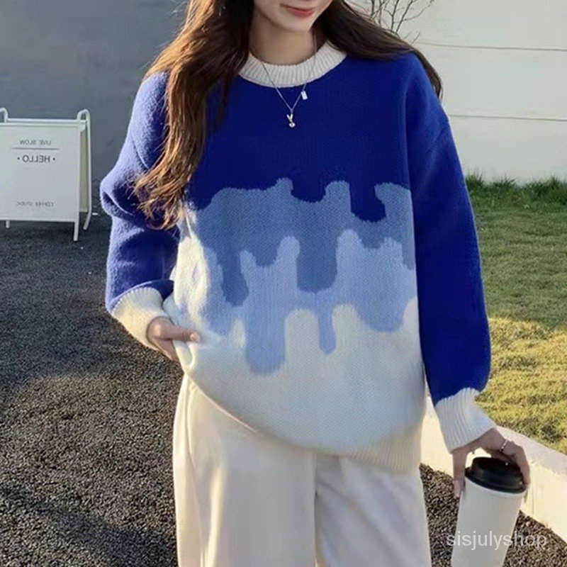 #Sisjuly# Wanita Baru Kasual Gradien Colorblock Knit Crew Neck Sweater Pullover Lengan Panjang
