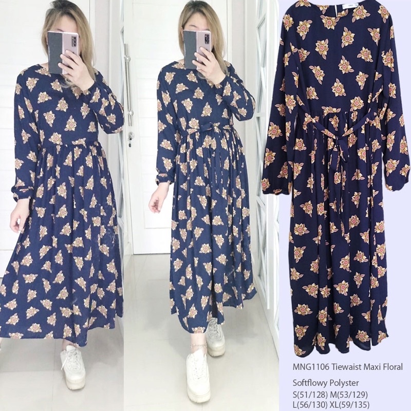 lovemecorner MANGO TIEWAIST MAXI FLORAL DRESS WANITA FULL LABEL LONG DRESS WANITA MOTIF BUNGA BAJU L