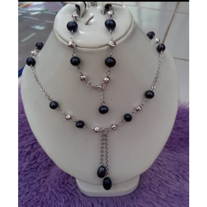 Set Kalung +Gelang Rhodium putih mutiara air tawar