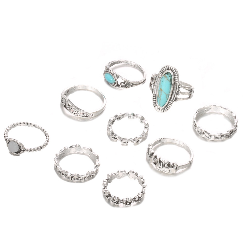 Hu Hu Hu Hu Hu Alat Bantu Pasang Kacamata♡ 9 Pcs / Set Cincin Jari Gaya Retro Bohemian Aksen Turquoise Imitasi Untuk Wanita