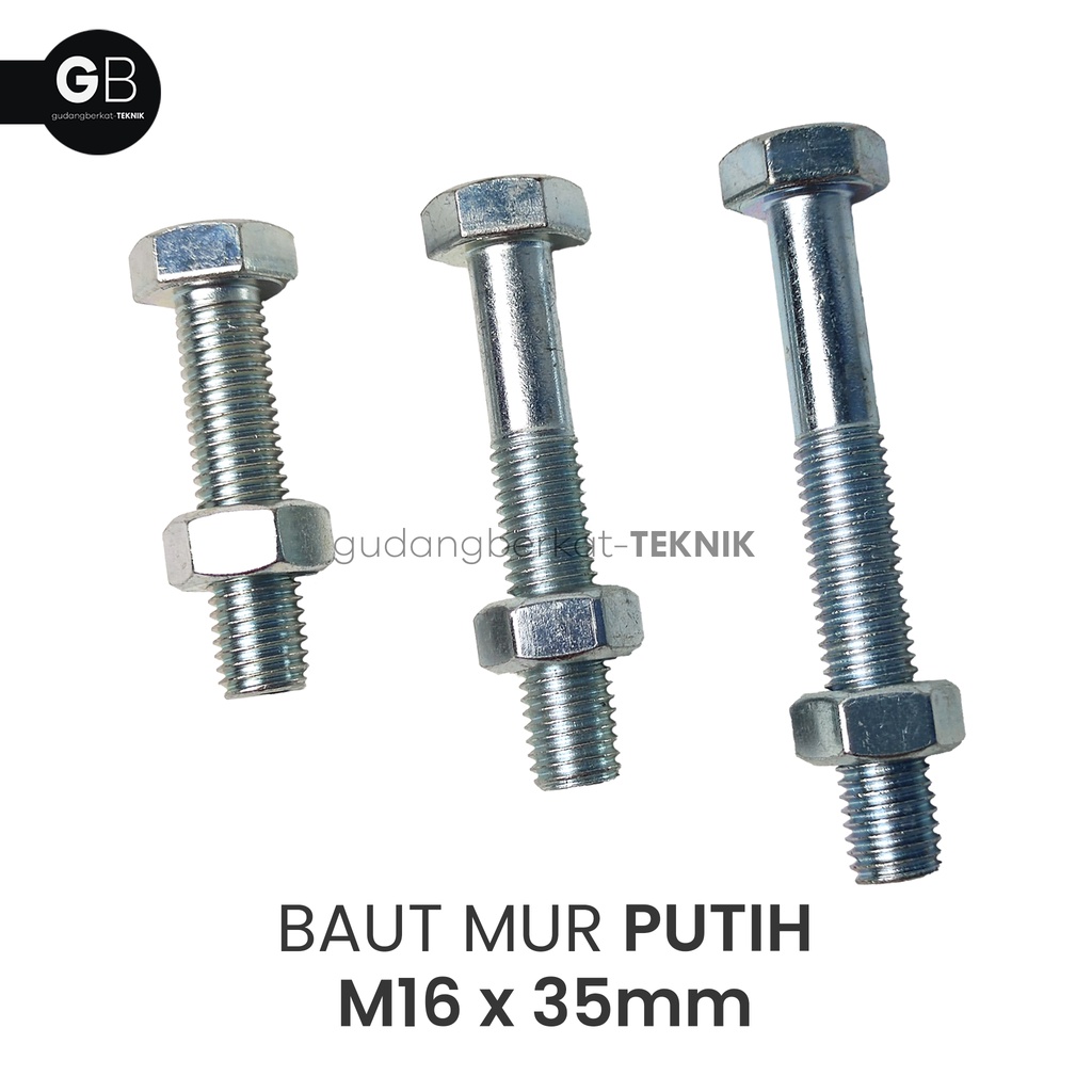 Baut Mur Putih M16x35 / BMP 16x35 (35mm) / Baut M16 Putih Kunci 24