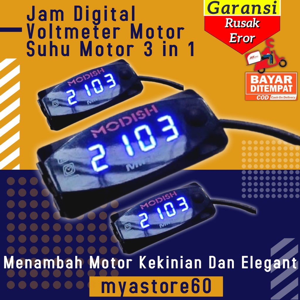 Jam Digital Motor Voltmeter Motor Suhu 3 in 1 Voltmeter Jam Suhu Aksesoris Variasi Sparepart Motor