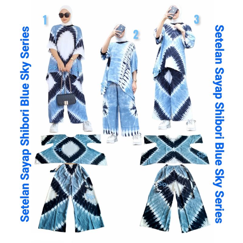 Setelan Sayap Shibori Blue Sky Series, Set Baju Bali Blus Dan Celana Kulot Sibori Indigo Biru Langit