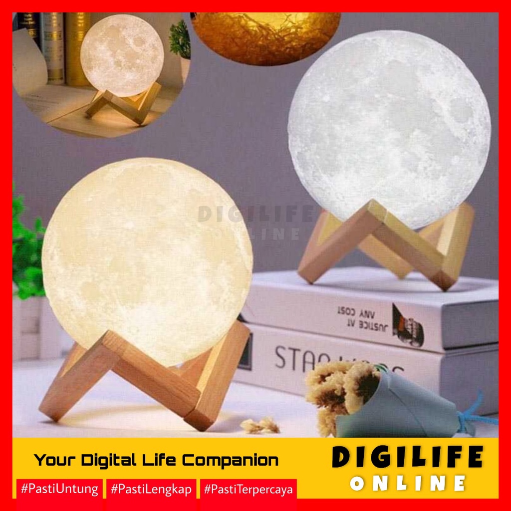 Lampu Tidur Bulan Moon Night Light Lamp 3 Warna Dudukan Kayu D 20 cm