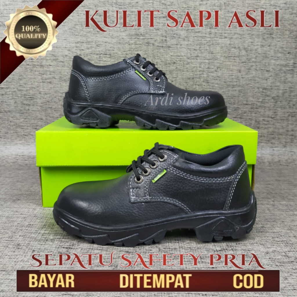 Sepatu Safety Pria Model Tali Bahan Kulit Sapi Asli Sefti Kerja Sepatu Cowok Ujung Besi Septi Pendek