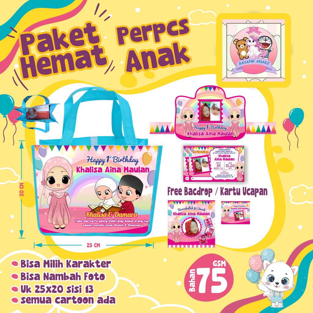 

Paket Ulang Tahun Anak / Bingkisan Ulang Tahun Anak / Paket Ulang Tahun Per PCS / Tas, Undangan, Topi dan Kartu Ucapan