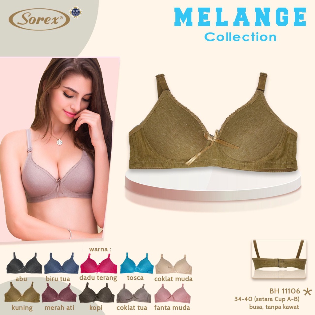Sorex Bra 11106 Busa Sedang Tanpa Kawat Kait 2 Cup setara Cup B Melange Collection Basic Harian