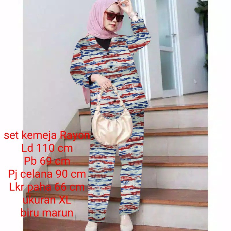 Set Stelan Kemeja Pakaian Wanita Dewasa / Casual Motip Tye Dye Lengan Panjang/ ukuran XL