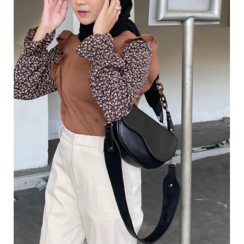 Mindy Ruffle Combine Top Wanita Korean Style - Blouse Lengan Baloon Ruffle Wanita- RIB