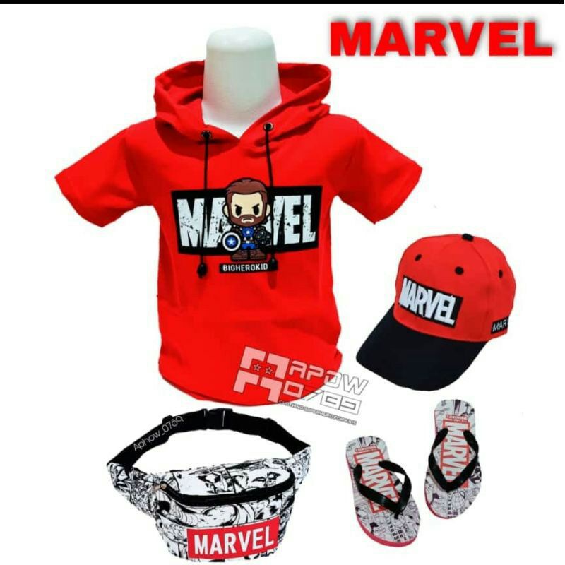 paket 4IN1 baju kaos anak laki laki tas selempang anak topi anak laki laki FREE sendal marvel waistbag anak usia 1-10 tahun