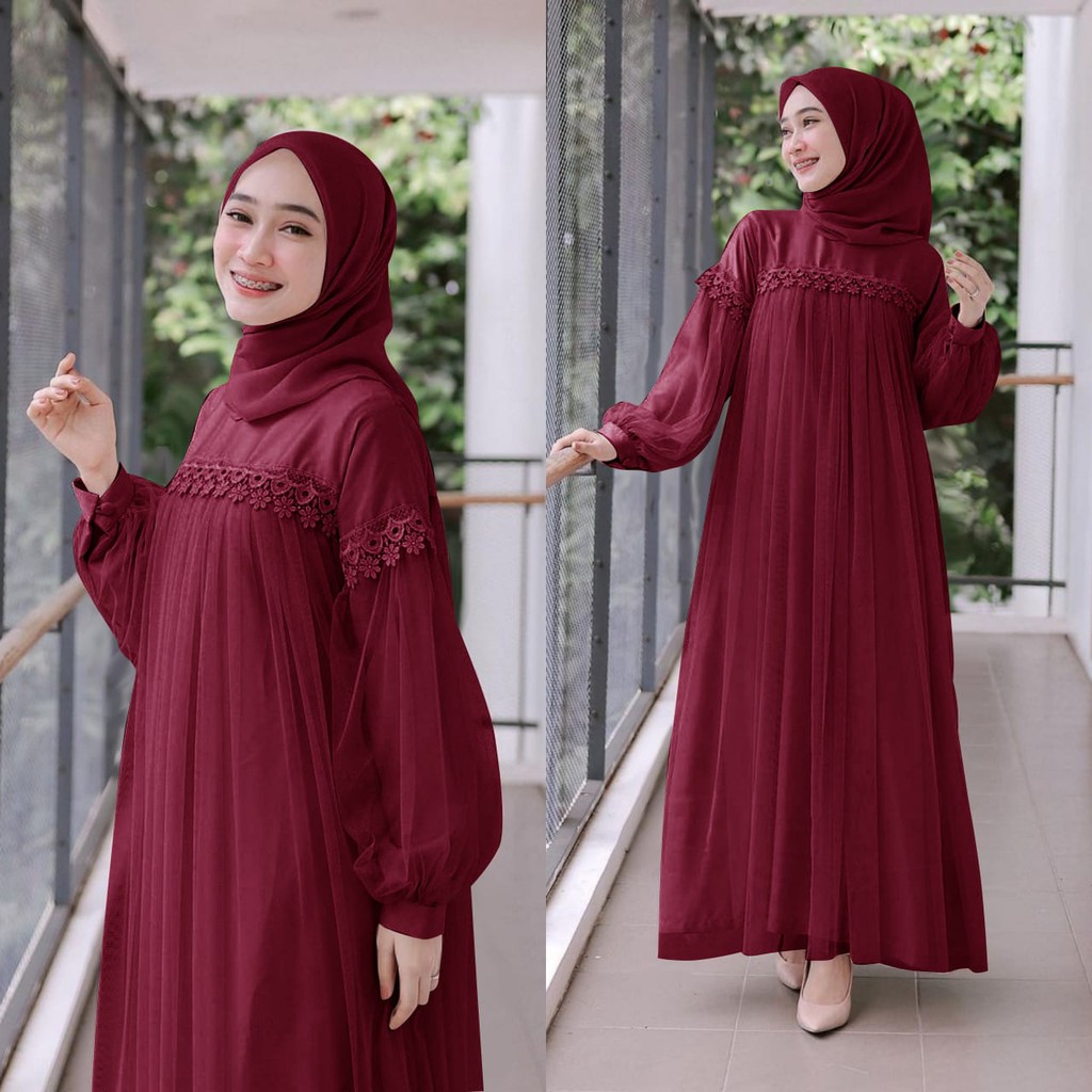 MAXI DRESS PANJANG NURAINI | GAMIS MUSLIM MURAH PEREMPUAN BROKAT TILE CANTIK RENDA IMPORT TERBARU-5