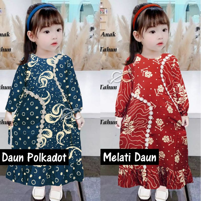 LongDress Gamis Anak Perempuan 1-6 Tahun Motif Daun Polkadot dan Melati Daun Bahan Rayon Kombinasi R
