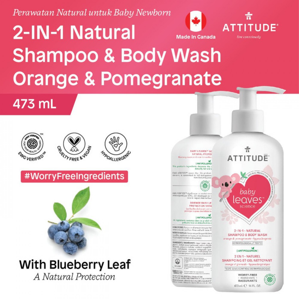 Attitude Baby Leaves 2 in 1 Shampoo &amp; Body Wash 473 ml - Orange &amp; Pomegranate