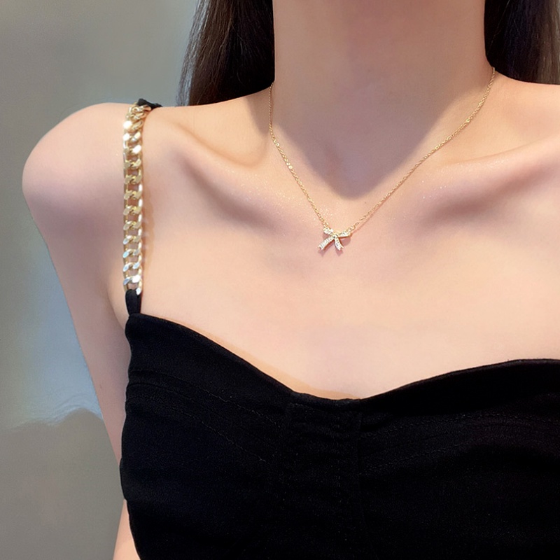 Papaozhu Ins Perak Bersinar Kristal Busur Liontin Kalung Untuk Wanita Gadis Trendi Berkilau Berlian Imitasi Ikatan Simpul Kalung Elegan Leher Perhiasan Pakaian Sehari-Hari