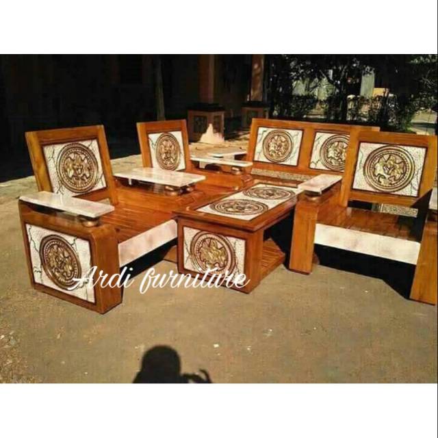 Meja kursi tamu motif marmer,Tempat duduk kayu jati